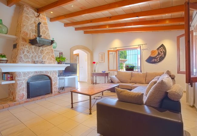 Living room with sofa, table and decorative fireplace